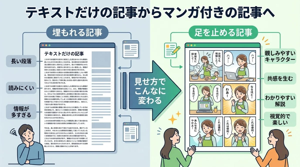 文章だけの記事と漫画入り記事のビフォーアフター