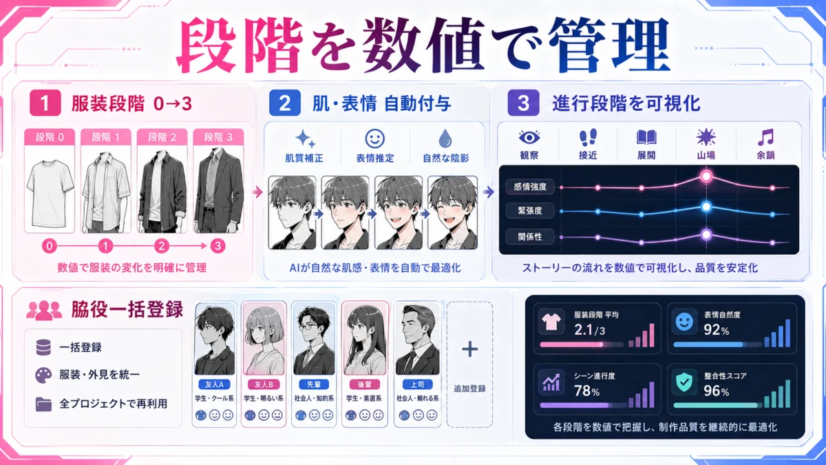 服装段階0から3と進行段階を数値管理するANGLEX MANGA PRO NEXTの図解