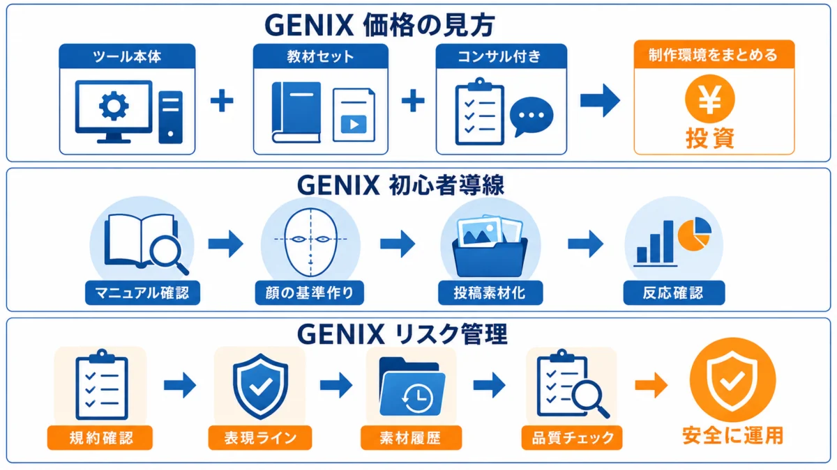 GENIXの料金を、ツール本体・教材セット・コンサル付きの違いで見やすくまとめた図解です。