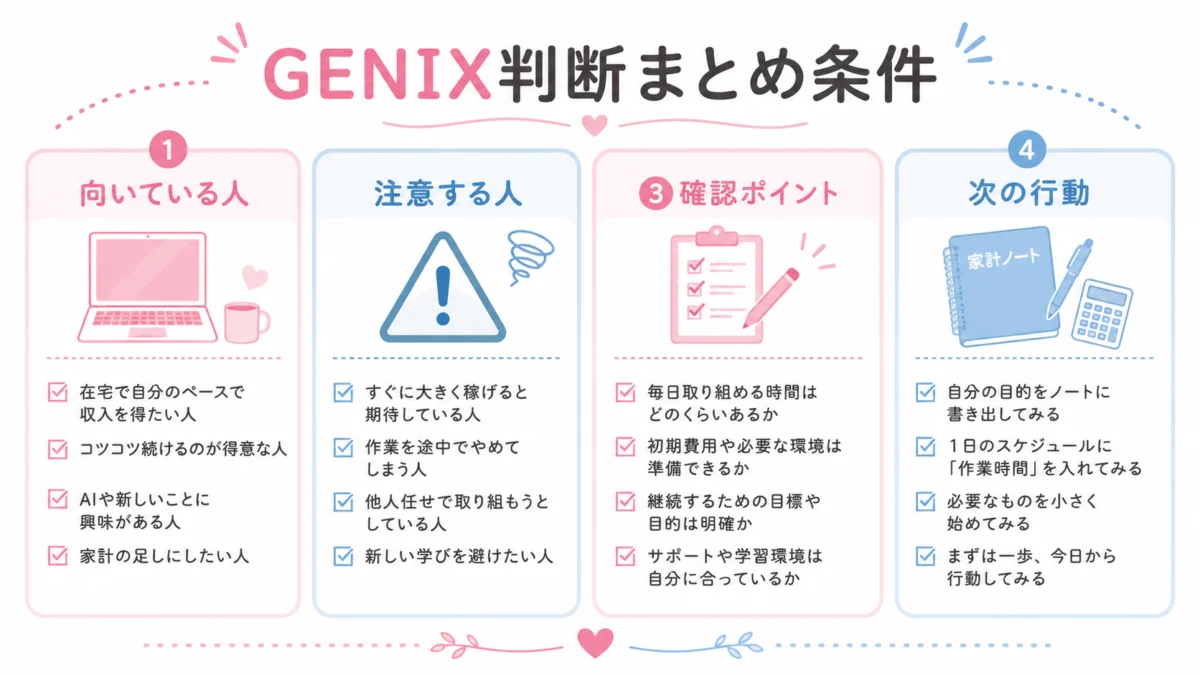 GENIXが向いている人・注意する人・確認ポイントをまとめた図解です。