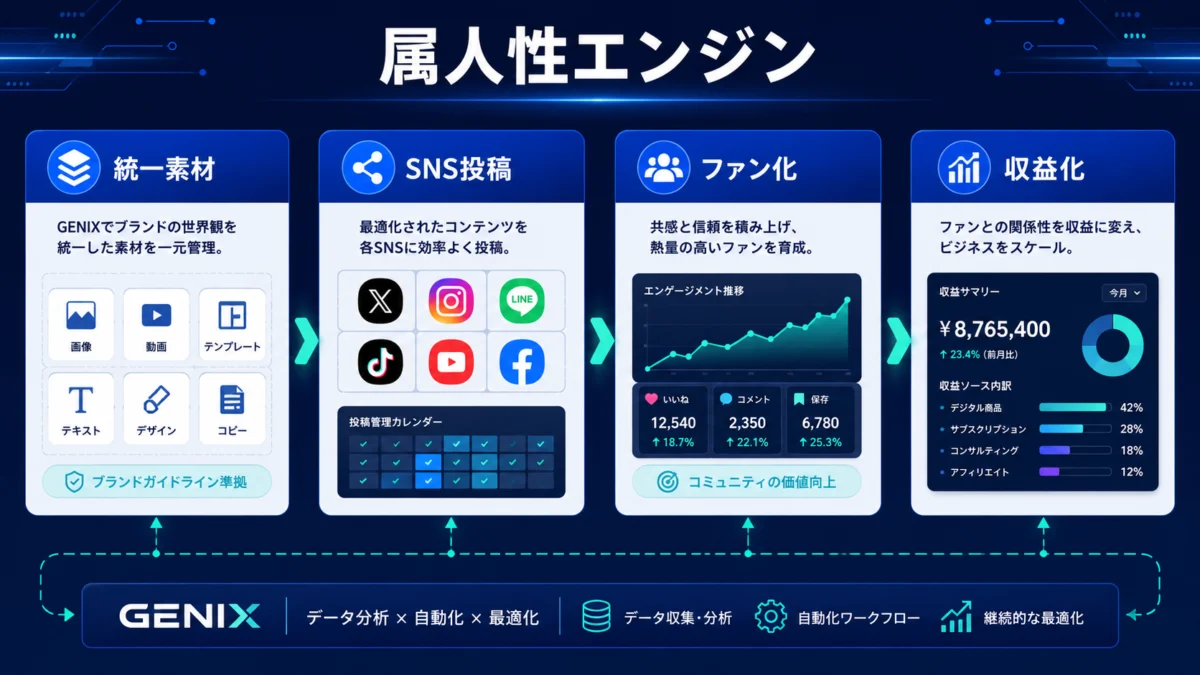 GENIXとは何かを、素材作成からSNS投稿、ファン化までの流れで整理した図解です。