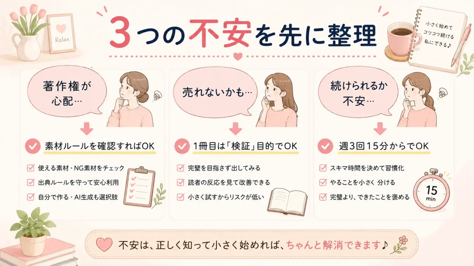 AI漫画Kindle出版の著作権売れない続かない不安を整理する図解